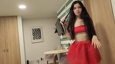 handsome lady in a red skirt and sans underwear, wants to be nailed as a Christmas bounty